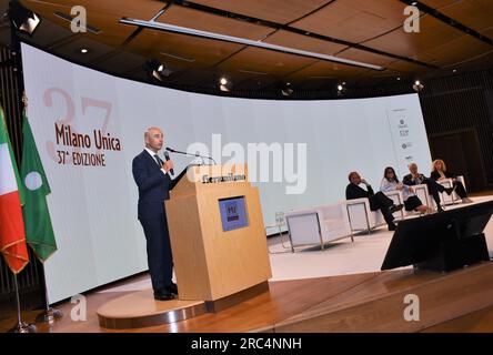 Milano, Italia. 11 luglio 2023. Milano, Italia Milano unica 2024-2025 esposizione internazionale di tessuti e accessori conferenza di presentazione alla Fiera Milano Rho in foto: Alessandro Barberis Canonico presidente di Milano unica Credit: Agenzia fotografica indipendente/Alamy Live News Foto Stock