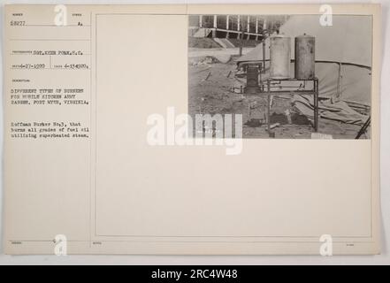 Diversi tipi di bruciatori per cucine mobili Army Range a Fort Myer, Virginia. Questa fotografia mostra il bruciatore Hoffman n. 3, in grado di bruciare tutti i tipi di olio combustibile utilizzando vapore surriscaldato. La foto è stata scattata il 13 aprile 1920 dal sergente Keen Polk e ha il simbolo numero 68277. Foto Stock