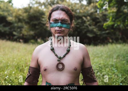 Guerriero maschile serio nelle vernici viso e corpo con accessori che guardano la fotocamera mentre si è in piedi nel verde del parco alla luce del giorno Foto Stock
