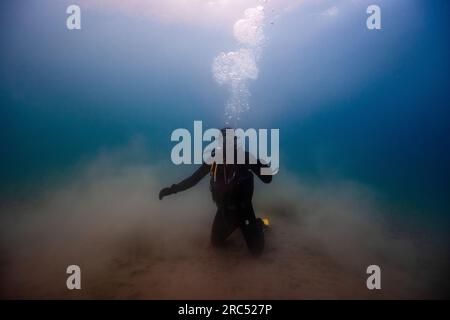 Subacqueo professionista irriconoscibile in muta pinne mascherine bombola di ossigeno che nuota sott'acqua toccando le profondità del mare a la Herradura Granada Spai Foto Stock