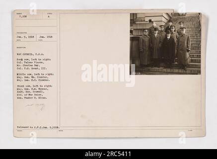 Foto del Consiglio di guerra degli Stati Uniti durante la prima guerra mondiale Fila posteriore, da sinistra a destra: Colonnello Palmer Pierce, signor Charles Day, colonnello U.S. Grant. Fila centrale, da sinistra a destra: Maggiore generale William Crozier, maggiore generale E.H. Crowder. Fila anteriore, da sinistra a destra: Generale maggiore E.M. Weaver, Assistente Segretario Crowell, Segretario alla Guerra Baker, generale Tasker H. Bliss. Presa il 9 gennaio 1918. Rilasciato a C.P.I. @108. Foto Stock