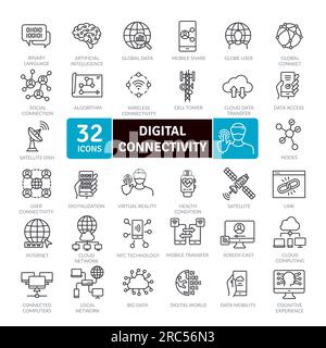 Pacchetto icone connettività digitale. Raccolta sottile di informazioni per l'elaborazione digitale Illustrazione Vettoriale