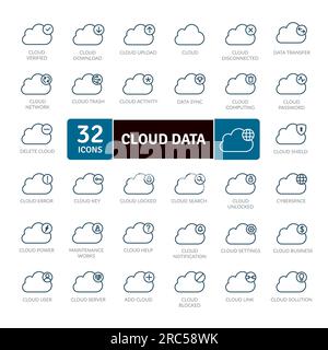 Pacchetto icone Data Cloud. Gestione del cloud dei dati di raccolta thin line Illustrazione Vettoriale