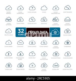 Pacchetto icone Data Cloud. Gestione del cloud dei dati di raccolta thin line Illustrazione Vettoriale