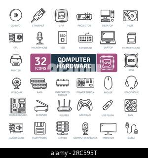 Raccolta di icone hardware e periferiche per computer. Set di icone a linea sottile e semplici icone vettoriali Illustrazione Vettoriale