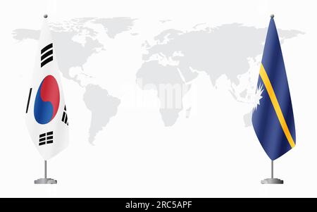 Bandiere della Corea del Sud e di Nauru per un incontro ufficiale sullo sfondo della mappa mondiale. Illustrazione Vettoriale