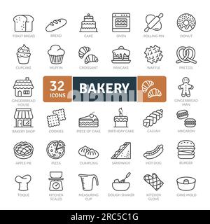 Pacchetto icone panetteria. Set di icone con linee sottili. Icone vettoriali semplici Illustrazione Vettoriale