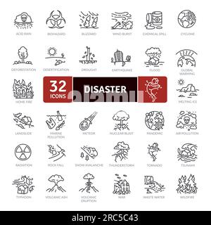 Pacchetto icone Disaster. Raccolta di icone di linee sottili correlate a diversi disastri Illustrazione Vettoriale