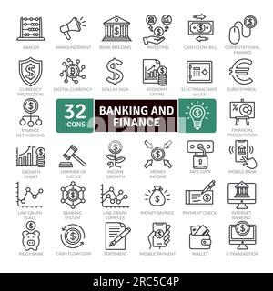 Pacchetto icone banking e finanza.Set di icone linea sottile. Icone vettoriali semplici Illustrazione Vettoriale