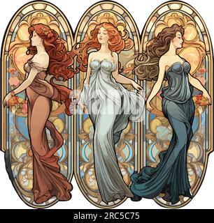 Disegno in stile art nouveau di tre donne con cornici di cartiglio e muse greche Illustrazione Vettoriale