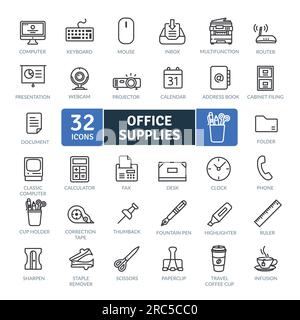 Pacchetto icone forniture per ufficio. Set di icone a linea sottile. Semplici icone vettoriali Illustrazione Vettoriale