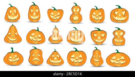 Set di 18 icone vettoriali per lanterna di zucca di Halloween, variazione emotiva. Elementi di design semplici e piatti. Set di immagini horror spettrali della silhouette di Illustrazione Vettoriale