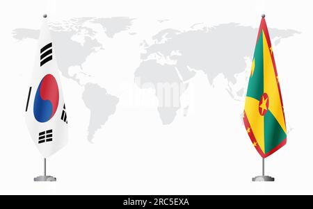 Bandiere della Corea del Sud e di Grenada per un incontro ufficiale sullo sfondo della mappa mondiale. Illustrazione Vettoriale