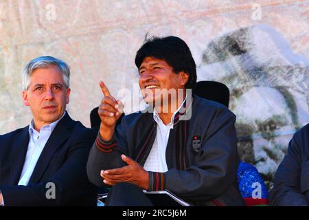 LA PAZ, BOLIVIA, 14 gennaio. Il vice presidente boliviano Alvaro Garcia Linera (L) e il presidente Evo Morales Ayma (ex coltivatore di coca e leader sindacale, centro) partecipano a un evento per celebrare la riunificazione della Bolivia alla Convenzione unica delle Nazioni Unite sugli stupefacenti del 1961. La Bolivia si ritirò formalmente dalla Convenzione nel 2011 e aveva fatto campagna per la rimozione di clausole che vietavano l'uso tradizionale della foglia di coca. Entro la scadenza dell'11 gennaio 2013 solo 15 paesi (meno dei 62 richiesti per bloccare la proposta) avevano registrato obiezioni alla ricongiungimento della Bolivia con deroghe speciali. Foto Stock