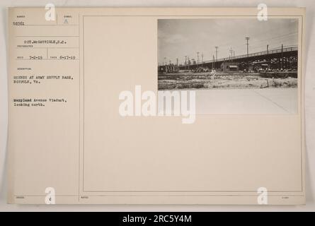 Questa fotografia mostra il viadotto di Maryland Avenue presso la base di rifornimento dell'esercito a Norfolk, Virginia, durante la prima guerra mondiale. Il fotografo è Sgt. Me Garrigle, S.C. e la foto è stata scattata il 17 giugno 1919. L'immagine cattura scene dalla base e dal viadotto rivolto a nord. Foto Stock