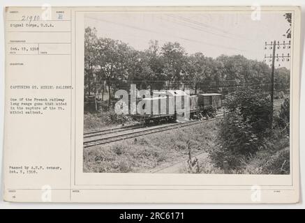 Cannone ferroviario francese a lungo raggio utilizzato per la cattura della St. Mihiel saliente durante la prima guerra mondiale. Fotografato il 15 ottobre 1918 dal Signal Corps, U.S.A. Questa immagine è una delle fotografie delle attività militari americane durante la guerra. Pubblicato dopo aver superato l'A.E.P. censor il 5 ottobre 1918. Foto Stock