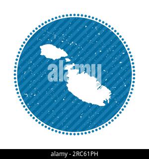 Adesivo da viaggio retrò a righe Malta. Badge con mappa dell'isola, illustrazione vettoriale. Può essere utilizzato come insegna, logotipo, etichetta, adesivo o badge della M Illustrazione Vettoriale