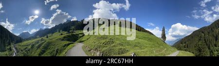 Vista panoramica dell'idilliaca valle del Rellstal (Montafon, Vorarlberg, Austria). Foto Stock