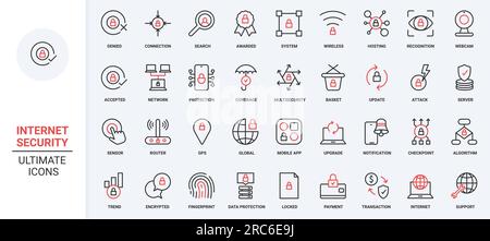 Sistema di sicurezza informatica, hosting su server, connessione wireless sicura GPS globale accettata, protezione aggiornamento dati con scudo. Le icone di sicurezza online, rosse e nere, con linee sottili, rappresentano un'illustrazione vettoriale. Illustrazione Vettoriale