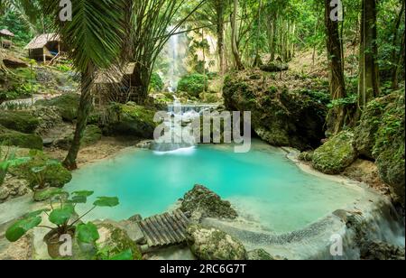 Accessibile da una strada molto ripida, bellissima, alta cascata, sulle colline dietro la città di Oslob. Una splendida attrazione turistica, popolare tra molti viaggiatori Foto Stock