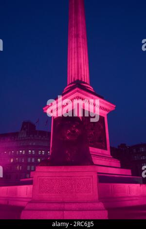 Londra, Regno Unito. 12 luglio 2023. La colonna di Nelson e le statue dei leoni di Trafalgar Square sono illuminate in rosa per celebrare la prima britannica di Barbie. Credito: Vuk Valcic/Alamy Live News Foto Stock