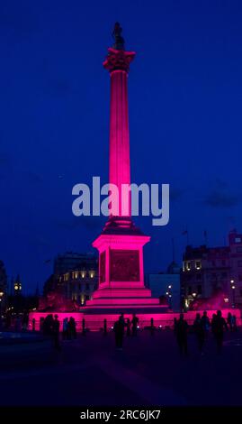 Londra, Regno Unito. 12 luglio 2023. La colonna di Nelson e le statue dei leoni di Trafalgar Square sono illuminate in rosa per celebrare la prima britannica di Barbie. Credito: Vuk Valcic/Alamy Live News Foto Stock