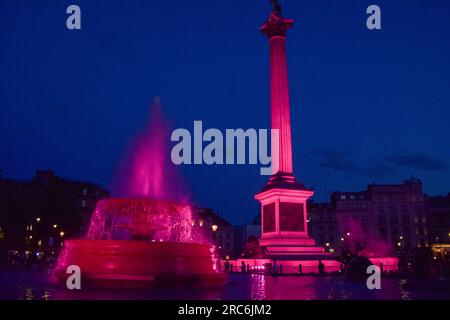 Londra, Regno Unito. 12 luglio 2023. La colonna di Nelson e le fontane di Trafalgar Square sono illuminate in rosa per celebrare la prima inglese di Barbie. Credito: Vuk Valcic/Alamy Live News Foto Stock