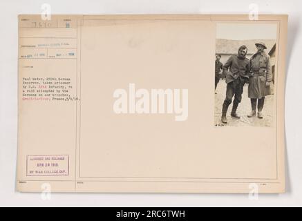 Prigioniero di guerra tedesco Paul Meier, della 259th German Reserve, che fu catturato dal 18th Infantry durante un fallito raid sulle trincee americane a Menil-la-Tour, in Francia, il 1 marzo 1918. Questa fotografia fa parte della serie "Photographs of American Military Activities during World War One" sotto la Official Signal Corps, USA. È stato preso il 15 aprile 1918 e autorizzato per il rilascio il 20 aprile 1918 dalla War College Division. Questa immagine è numerata 111-SC-7670 ed etichettata come fotografo soggetto 7610. Foto Stock