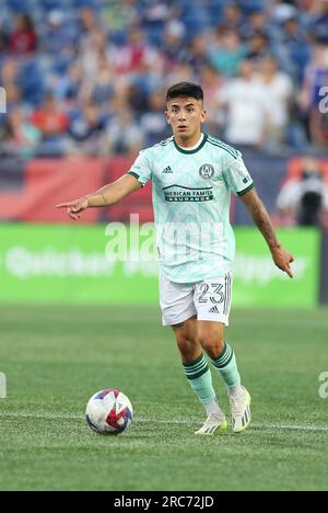 12 luglio 2023; Foxborough, ma, Stati Uniti; Il centrocampista dell'Atlanta United Thiago Almada (23) in azione durante la partita MLS tra Atlanta United e New England Revolution. Anthony Nesmith/CSM Foto Stock