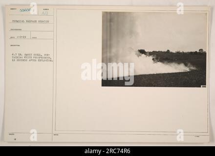 Una fotografia che mostra un guscio fumoso da 4,7 pollici contenente fosforo bianco, scattata 19 secondi dopo la sua esplosione. La fotografia è stata scattata da un fotografo del Chemical Warfare Service (CWS), con il numero di riferimento dell'immagine SURECT: 55650. La descrizione afferma inoltre che la fotografia è stata ricevuta il 2 aprile 1919, e includeva ulteriori note riguardanti le specifiche della shell. Foto Stock