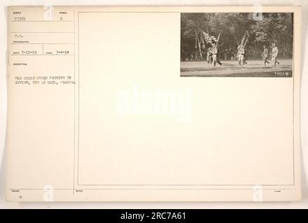 Guardia del colore passava in rassegna durante la prima guerra mondiale a Sur le mail, in Francia. Questa fotografia, scattata il 4 luglio 1918, mostra i soldati che marciano in uniforme e trasportano bandiere. L'immagine evidenzia gli aspetti patriottici e cerimoniali delle attività militari durante la guerra. Foto Stock