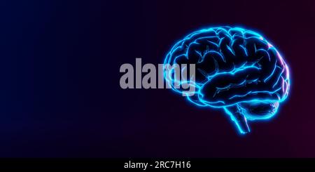 Cervello al neon su sfondo scuro. Deep learning , apprendimento automatico e intelligenza artificiale , tecnologia ai, concetto di pensiero. illustrazione 3d. Foto Stock