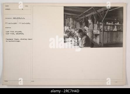 Una lezione di farmacia al Camp Pike College di Camp Pike, Arkansas, è mostrata in questa fotografia. La classe sta studiando la batteriologia, come evidente dalla loro configurazione di laboratorio. La foto è stata scattata il 7 aprile 1920 dal sergente Hitz, SC Reco. Questa immagine è numerata 68297 ed è un documento ufficiale rilasciato da AVIS. Foto Stock