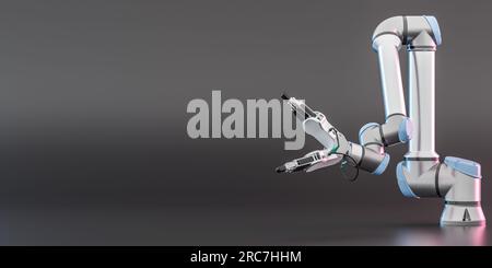 Manipolatore robot industriale. Tecnologia industriale moderna. braccio robotico su sfondo grigio. Mano meccanica. automazione, macchinari, tecnologia robotica Foto Stock