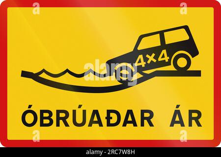 Segnaletica stradale supplementare con la dicitura in islandese: Fiume senza ponte Foto Stock