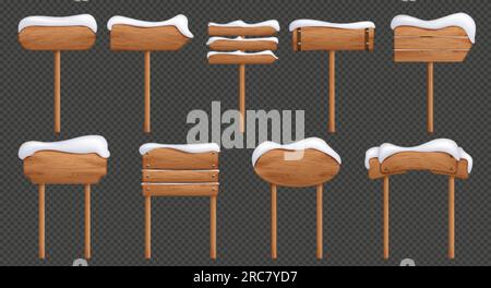 Set realistico di cartelli in legno ricoperti di neve. Illustrazione vettoriale dei perni dei cartelli a freccia, indicatori di direzione rettangolari e ovali isolati su t Illustrazione Vettoriale