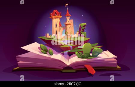 Libro aperto con castello fiabesco sulle pagine e segnalibro. Cartoni animati vettoriali illustrazione di un libro di storia con il magico palazzo del regno, verde isola paesaggio e. Illustrazione Vettoriale