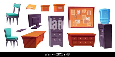 Stanza della stazione di polizia o set interno dell'ufficio investigativo. Mobili per ufficio del dipartimento di polizia, computer, scrivania, archivio, sedie, detective board e wa Illustrazione Vettoriale