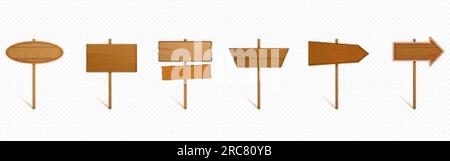 Set realistico di cartelli in legno indicanti la direzione. Illustrazione vettoriale di pali con frecce con ombre, rustica rettangolare e destinazione ovale Illustrazione Vettoriale