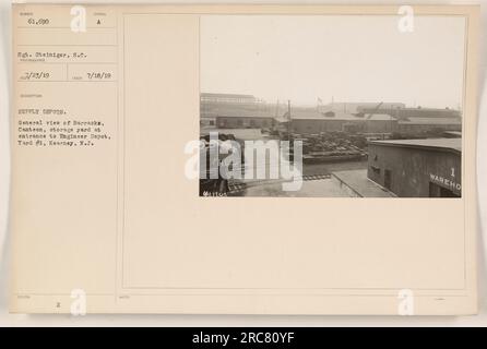 Vista generale della caserma, della mensa e del deposito all'ingresso del magazzino tecnico, Yard #1, a Kearney, New Jersey. Questa foto, con il numero identificativo 61.690, è stata scattata dal sergente Steiniger il 23 luglio 1919. Fa parte della collezione intitolata "Photographs of American Military Activities during World War One". Foto Stock