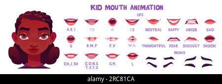 Personaggio di Black Kid Girl, animazione a bocca e labbra, design di cartoni animati vettoriali. Il bambino pronuncia la pronuncia delle lettere e l'espressione emotiva. Sincronizza lettera inglese t Illustrazione Vettoriale