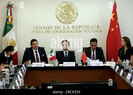 Non esclusiva: 12 luglio 2023, città del Messico, Messico: I presidenti del Senato, Alejandro Armenta, e del Consiglio di coordinamento politico del Sen Foto Stock