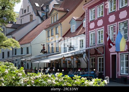 Piazza Livu (Līvu laukums) circondata da attraenti edifici colorati, caffetterie, ristoranti e aiuole nel centro storico di riga Foto Stock