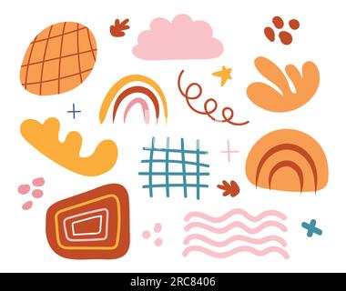 Doodle astratto disegnato a mano di varie forme. Gli oggetti Doodle disegnano uno sfondo colorato autunnale. Illustrazione Vettoriale