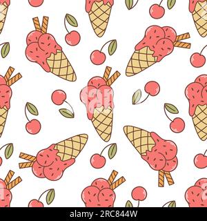 Cono gelato. Gelato alla ciliegia soffice con motivo senza cuciture in un cono di waffle. Stampa alimentare estiva per tessuti, design di confezioni, carta, vettoriali Illustrazione Vettoriale