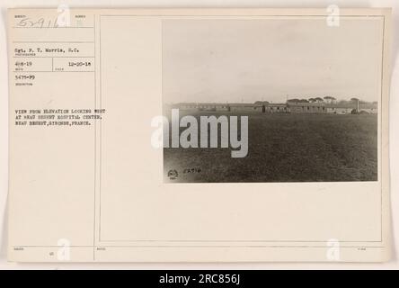 I soldati americani ammirano la vista da una posizione elevata, guardando ad ovest il Beau Desert Hospital Center nel deserto di Beau, Gironde, Francia. La foto, scattata l'8 aprile 1919, è accreditata al sergente F.T. Morris del Signal Corps. Il numero di descrizione è 52916 e la foto è stata rilasciata il 20 dicembre 1918. Foto Stock