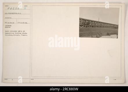 Base Ordnance Depot #5 a St Loubes, Gironde, Francia. Questa fotografia mostra i capannoni di smistamento delle munizioni presso il deposito. Il fotografo è identificato come tenente Strohmeyer, e la foto è stata scattata il 16 gennaio 1919. L'immagine è etichettata con il numero di edizione 46250, e le note indicano che è stata presa a scopo di conservazione dei documenti. Foto Stock