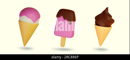 Set di gelato a cartoni animati in coni di waffle e illustrazione 3d vettoriale su bastone Illustrazione Vettoriale