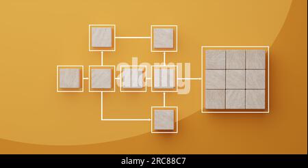 Processo aziendale. Diagramma di flusso del flusso di lavoro aziendale e dell'automazione dei processi. Blocchi cubici in legno che rappresentano la gestione del processo di lavoro su sfondo giallo Foto Stock