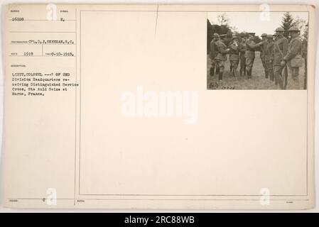 Tenente colonnello del quartier generale della 2a Divisione che riceve la Distinguished Service Cross a Seine et Marne, Francia. La foto è stata scattata nel 1918 dal caporale D.J. Sheehan. Foto Stock